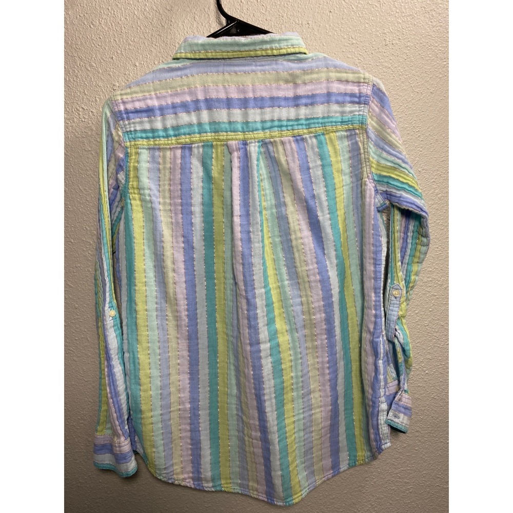 St Johns Bay Womens Medium Tunic Shirt Pastel Stripe Metallic Gauze Roll Tab L/S - Picture 4 of 4
